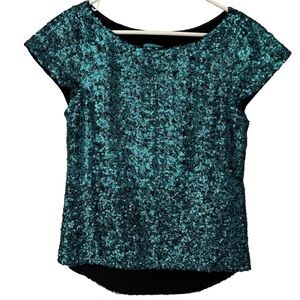 Alice + Olivia Teal Blue Sequined Short Sleeve Top Size XS